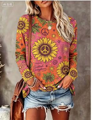 Winter Clothing For Women - Damen Langarm-T-Shirt mit Hippie-Gänseblümchen-, Schmetterlings- und