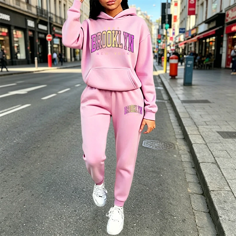 Winter Clothing For Women - Lässige Damen-Outfits, bedrucktes Kapuzen-Sweatshirt, 2-teiliger Anzug,