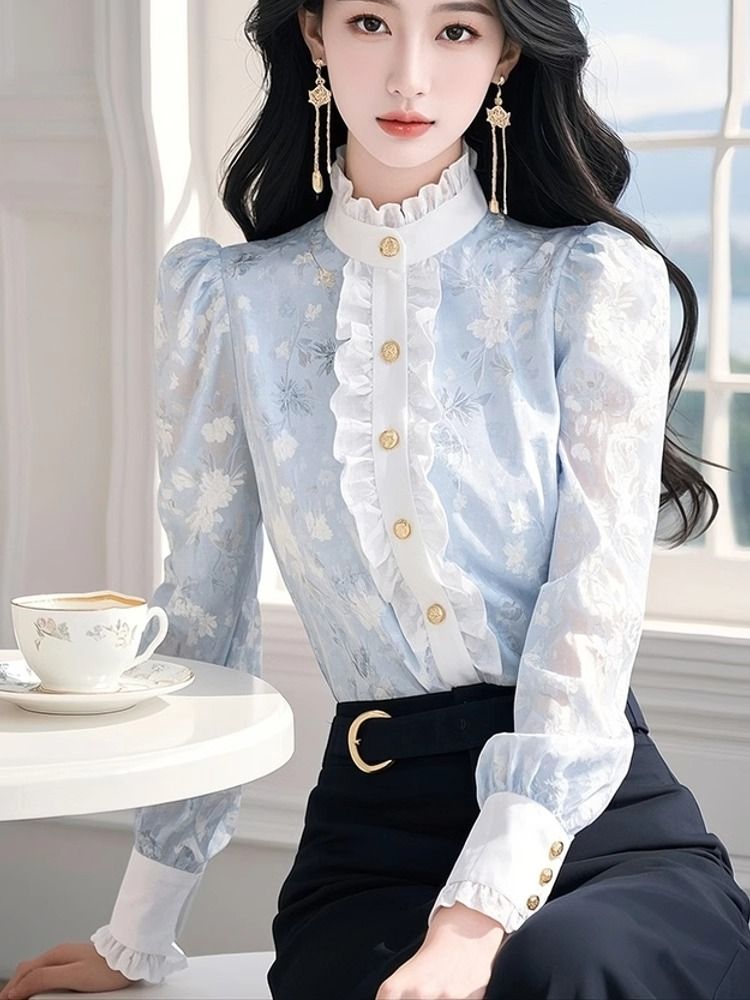 Blaues Blumen-Chiffon-Hemd mit – Winter Clothing Factory Outlet Bewertung und Preis